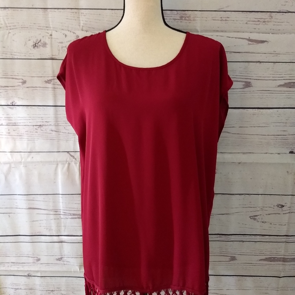 Tacera Red Fringed Hem Sleeveless Blouse